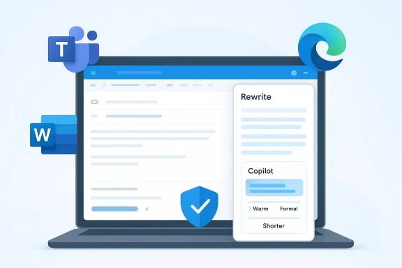 Illustration of a laptop editing a document with a Grammarly-like “Rewrite” Copilot panel and icons.