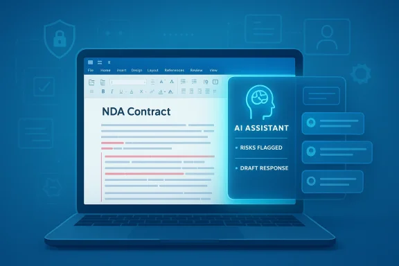 Futuristic laptop editing an “NDA Contract” with an AI assistant panel showing risks flagged and draft response.