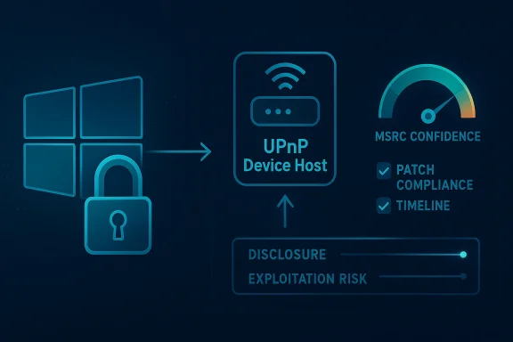 Cybersecurity infographic showing UPnP device host, confidence, compliance, and exposure/exploitation risk.