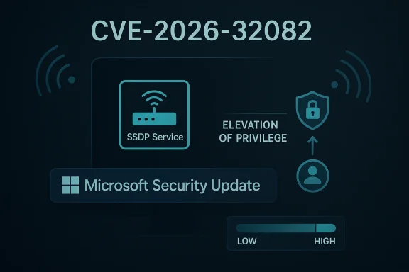 Cybersecurity graphic shows “CVE-2026-32082” with “Microsoft Security Update” and “Elevation of Privilege.”