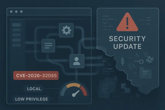 Cybersecurity warning overlay shows “SECURITY UPDATE” with a caution icon and CVE-2026-32085.