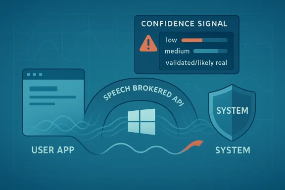 Graphic shows a speech-brokered API between user app and system with confidence signal levels and warning.