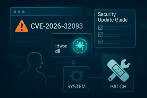 Cybersecurity graphic showing CVE-2026-32093 with security update guide, system, and patch icons.