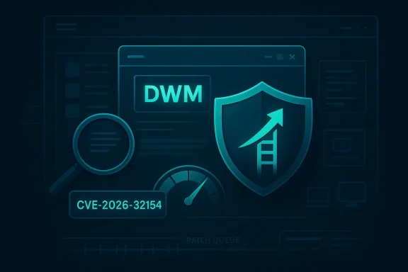 Cybersecurity graphic showing DWM vulnerability protection with shield and alert CVE-2026-32154.
