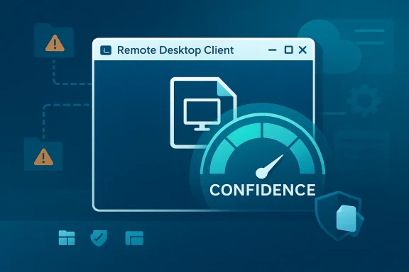 Remote Desktop Client interface with a confidence gauge and warning icons on a blue tech background.