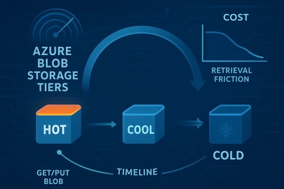 Diagram showing Azure Blob Storage tiers moving blobs from hot to cool to cold, with timeline and cost.