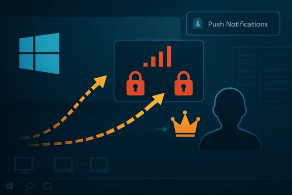 Cybersecurity illustration showing locked data, hacking alerts, and a push notifications banner on a dark screen.