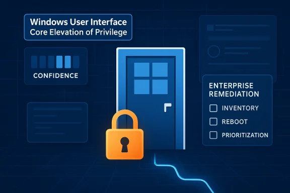 Locked Windows user interface diagram showing confidence, enterprise remediation, and core privilege elevation.
