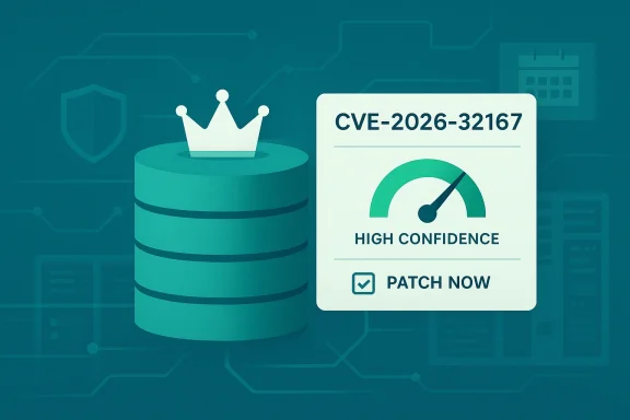 Cybersecurity illustration with a crown-topped database and “CVE-2026-32167” high-confidence patch now.