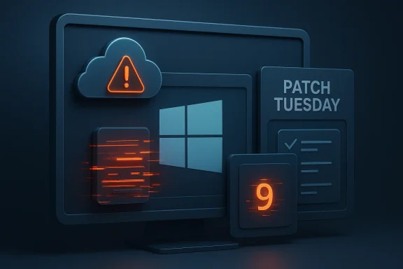 Futuristic computer screens show a cloud warning and “Patch Tuesday,” with error logs and digit 9.