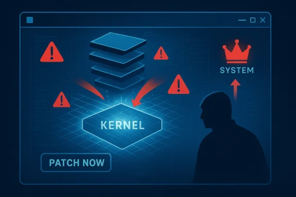 Cybersecurity warning graphic showing “Kernel” with alert icons and a “Patch Now” button.