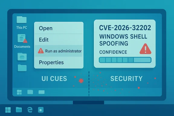 Windows desktop showing a CVE alert labeled “Windows Shell Spoofing Confidence.”