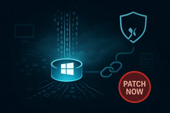 Cybersecurity-themed graphic showing a Windows server, firewall, patch-now badge, and data/network icons.
