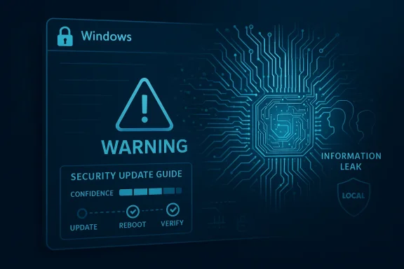 Cybersecurity warning themed Windows screen with a security update guide, alarm icon, and data leak alert.