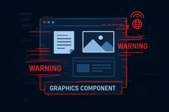 Glitchy cyber UI graphic with red “WARNING” alerts around “GRAPHICS COMPONENT.”