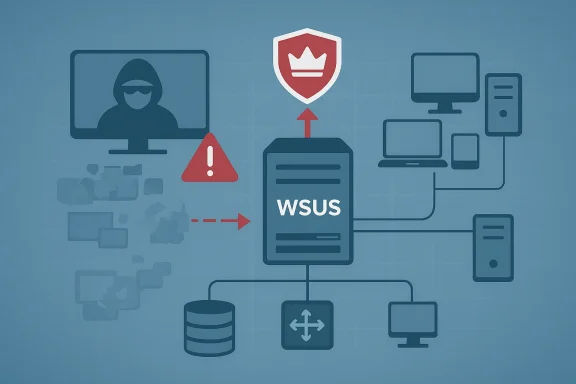 Illustration of WSUS server with network devices, a warning icon, and connected computers.