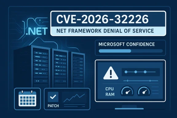 Cybersecurity illustration showing CVE-2026-32226 net framework denial of service warning.