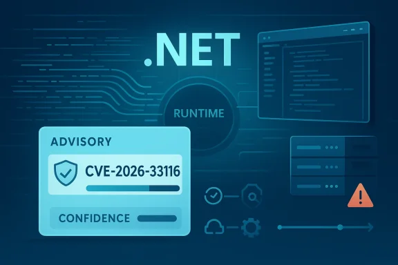 Digital cybersecurity alert showing CVE-2026-33116 with confidence and runtime warning on a network UI.