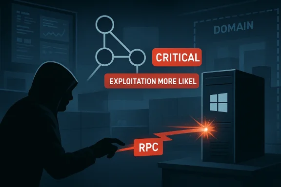 Cybersecurity illustration of an analyst pointing as an exploit is labeled “Critical” and “Exploitation more likely” with “RPC.”