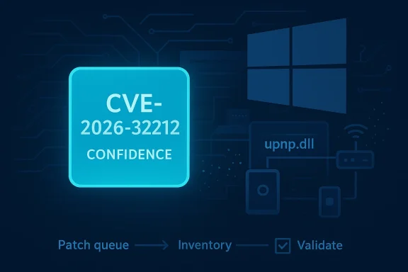 Digital circuit background with a glowing card reading “CVE-2026-32212 CONFIDENCE” and workflow labels.