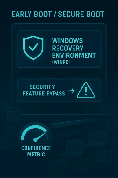 Neon graphic showing Windows Recovery Environment, secure boot, and a security feature bypass warning.
