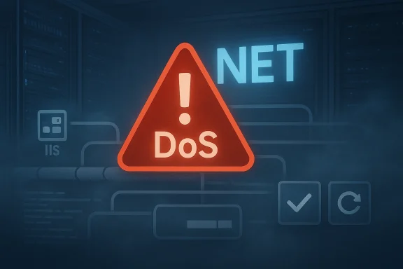 Cyber server scene with a red warning triangle labeled “NET DOS,” signaling network/DoS danger.