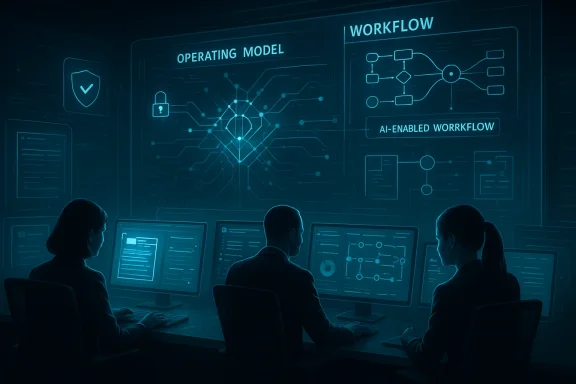 Team monitoring an AI workflow on glowing holographic screens in a tech control room.