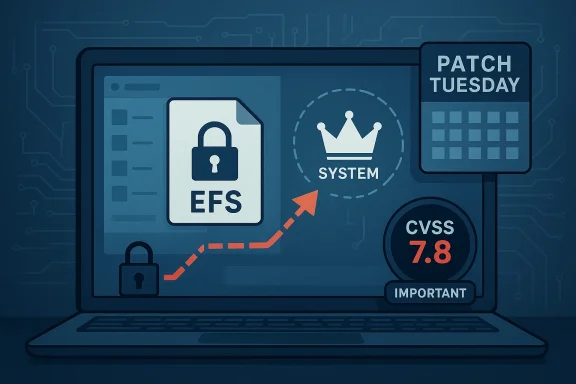 Cybersecurity dashboard on a laptop showing “PATCH TUESDAY,” EFS lock, and CVSS 7.8 system risk.
