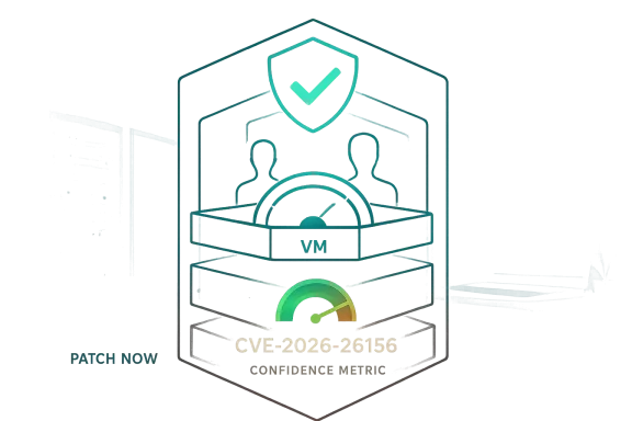 Teal cybershield with a VM icon, vulnerability label “CVE-2026-26156” and a green confidence meter.