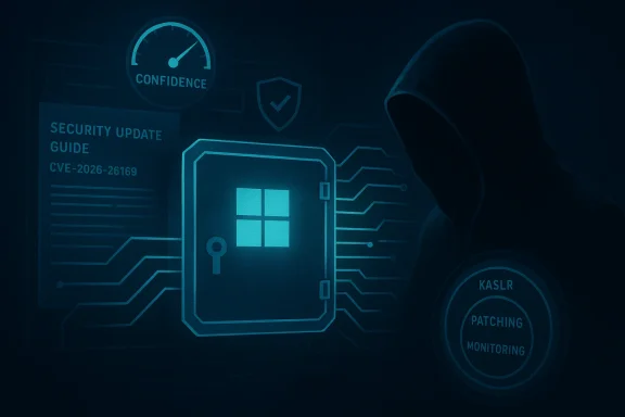 Cybersecurity concept showing a locked Windows server with patching and monitoring indicators.