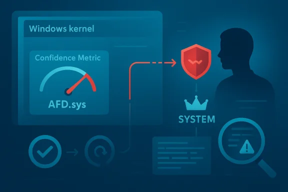 Illustration of Windows kernel security analysis with AFD.sys, confidence metric, and system protection shield.