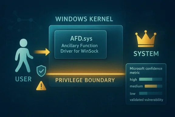 Diagram shows Windows kernel privilege boundary with AFD.sys driver, system crown icon, and user access warnings.