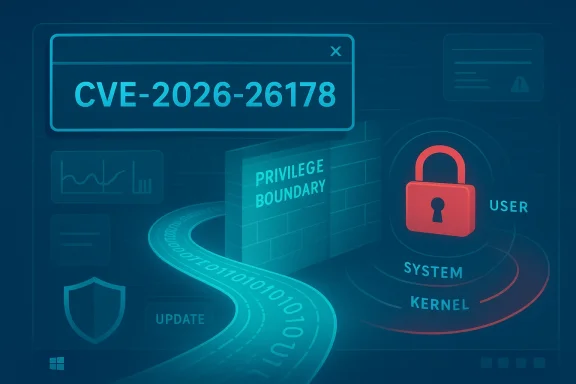 Cybersecurity graphic showing CVE-2026-26178, privilege boundary, and a locked system/user/Kernel.