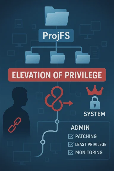 Infographic showing a “Profils” hierarchy with “Elevation of Privilege” warning for system admin controls.