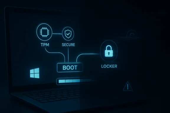 Blue glowing laptop boot screen showing TPM, secure boot, and locked locker security icons.