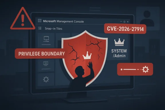 Microsoft Management Console with a privilege boundary shield warning CVE-2026-27914.