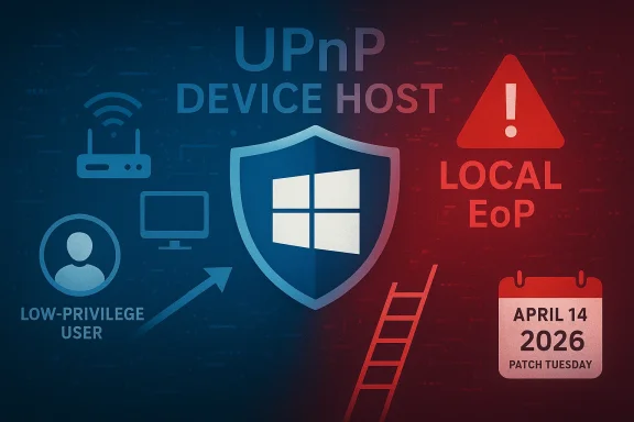 Cybersecurity graphic warning of UPnP device host issues and Local EOP, with Patch Tuesday date April 14, 2026.