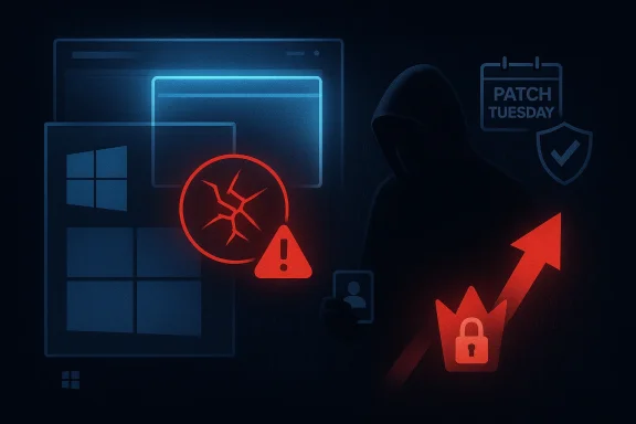 Cybersecurity warning scene with Windows icons, a broken shield alert, and a red rising threat arrow.