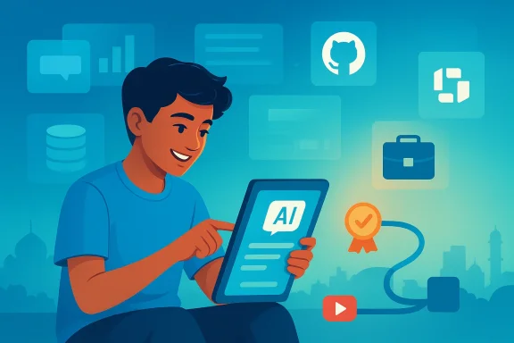 Cartoon man holding a tablet with “AI” while surrounded by digital app icons and a city skyline.