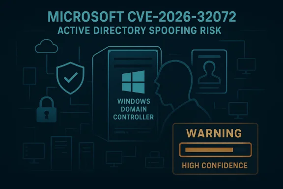 Microsoft CVE-2026-32072 Active Directory spoofing risk warning for Windows domain controllers.