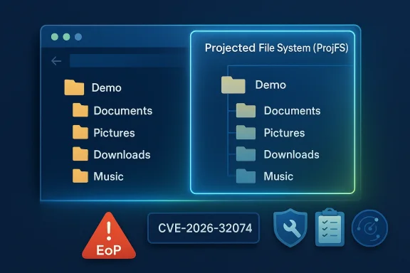 Neon graphic shows “Projected File System (ProjFS)” with folder listings and a CVE-2026-32074 security warning.
