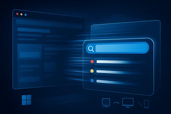 Abstract blue UI illustration of search and multiple result panels with neon glowing elements.
