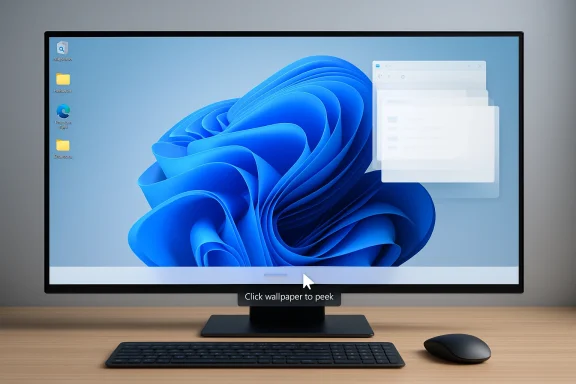 Desktop monitor shows a Windows-style blue wave wallpaper with icons, keyboard, and mouse on a desk.