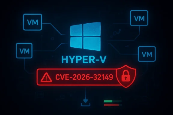 Cybersecurity graphic showing Hyper-V with “CVE-2026-32149” warning and VM icons.