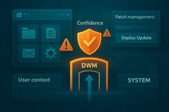Illustration of DWM patch management with a shield showing confidence and safe deploy update.