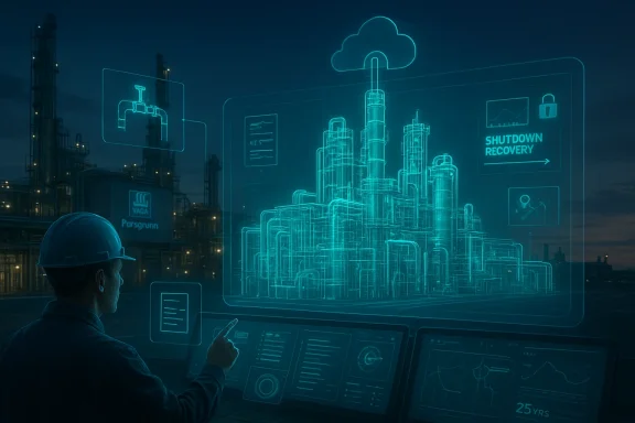 Engineer wearing a hard hat monitors a glowing industrial blueprint on screens over a city refinery at night.