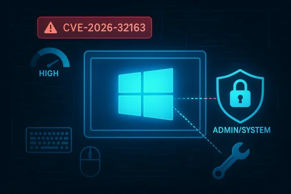 Cybersecurity alert showing “CVE-2026-32163” with admin/system shield and locked access icon.