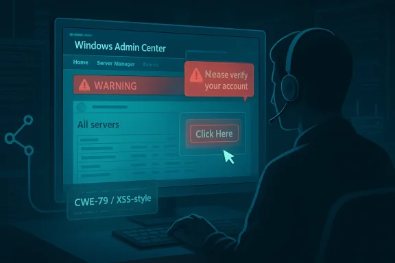 A hacker at a computer shows a “Windows Admin Center” warning to verify an account.