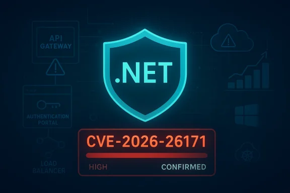 Cybersecurity graphic showing a shield labeled “.NET” with an error badge reading C V E-2026-26171.