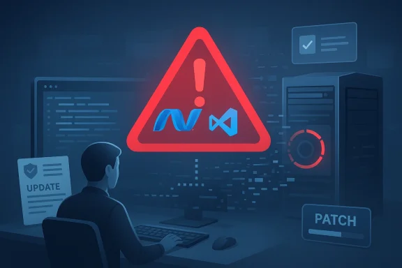 A programmer monitors computers with a red warning triangle labeled for software patching.